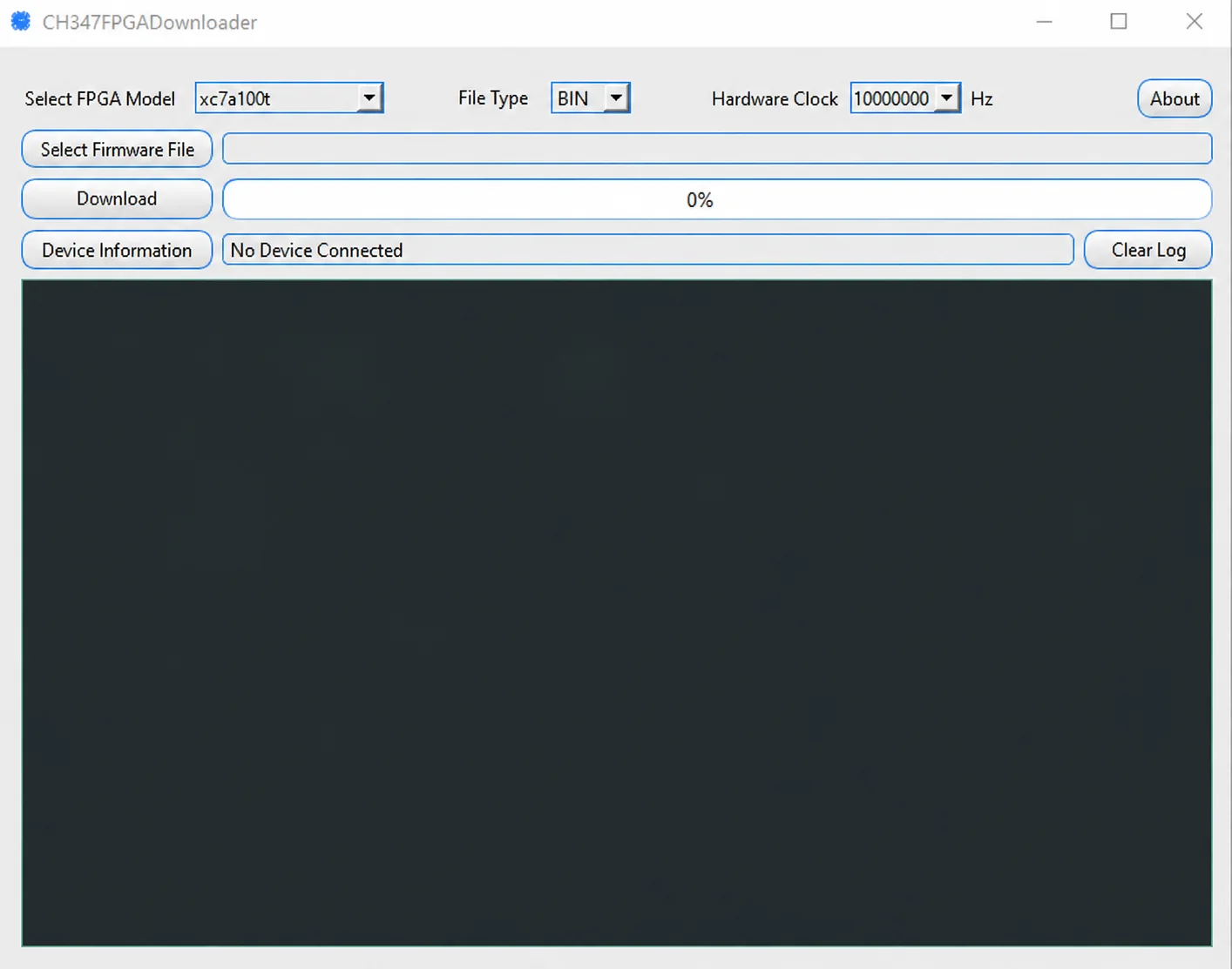 Пример настройки CH347FPGADownloader для DMA-карты 100T: xc7a100t, формат BIN и частота 10000000 Hz