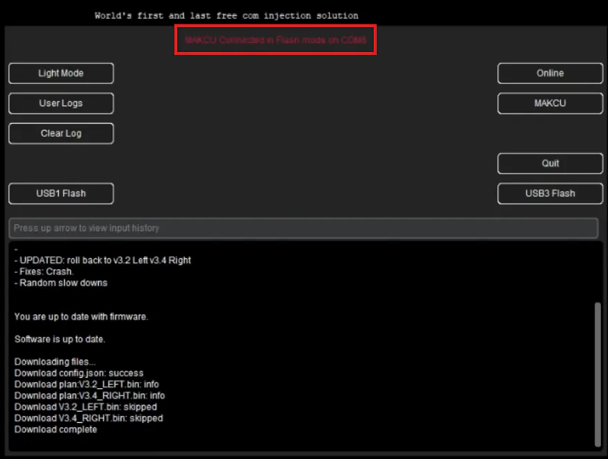AIO Tool определил MAKCU в режиме прошивки и показывает сообщение MAKCU Connected in Flash mode