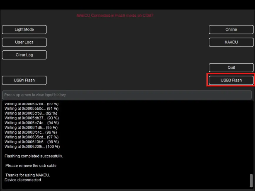 Кнопка USB3 Flash и сообщение об успешной прошивке правой стороны MAKCU в AIO Tool